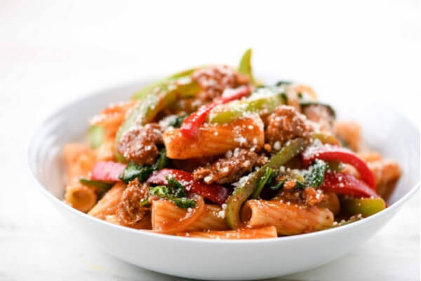 Italian Sausage and Peppers Rigatoni with Spinach and Parmesan